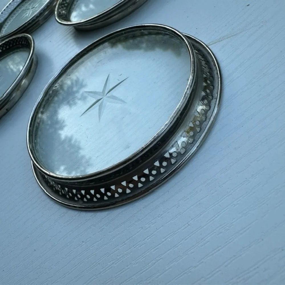 Vintage Glass Coasters Set 4 Starburst Etched Silver Rim Pierced Gallery 4in